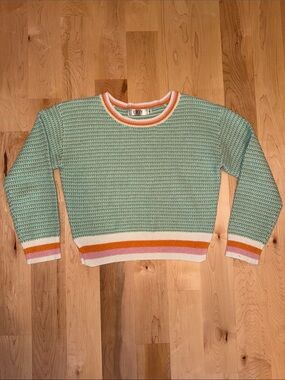NWOT Fray Mint Green Knit Sweater with Orange, Pink & Cream Trim